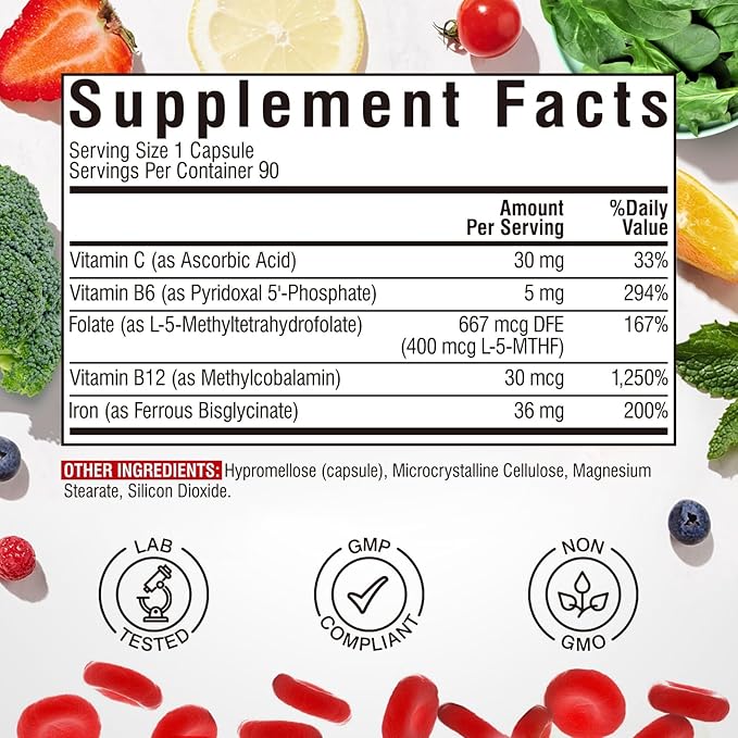 Iron Supplement for Women & Men, with Vitamins C, B6, B12 & Folate for Iron Deficiency, Blood Building & Energy Support, Stomach Friendly, Better Absorption, Non-GMO, No Gluten, 90 Vegan Caps
