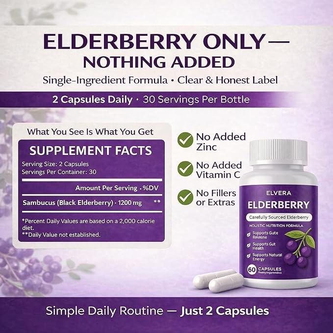 Elderberry - EIvera Gut Support Complex, Organic Black Elderberry Capsules, with Zinc & Vitamin C for Digestive Balance, Immune Support (1)