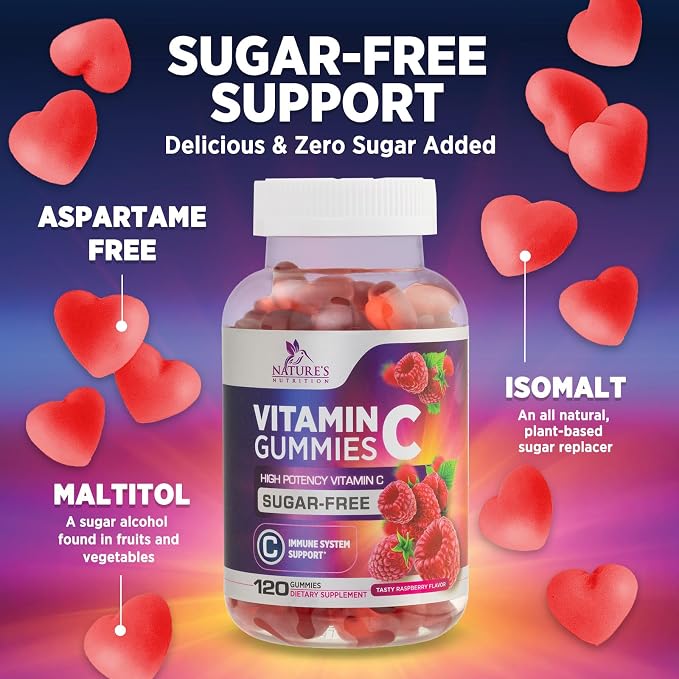 Vitamin C Gummies - 100% of Daily Vitamin C & Sugar Free - Immune Support with Powerful Antioxidants - Nature's Vegan VitaminC Dietary Supplement - Raspberry Flavor for Kids & Adults - 120 Gummies