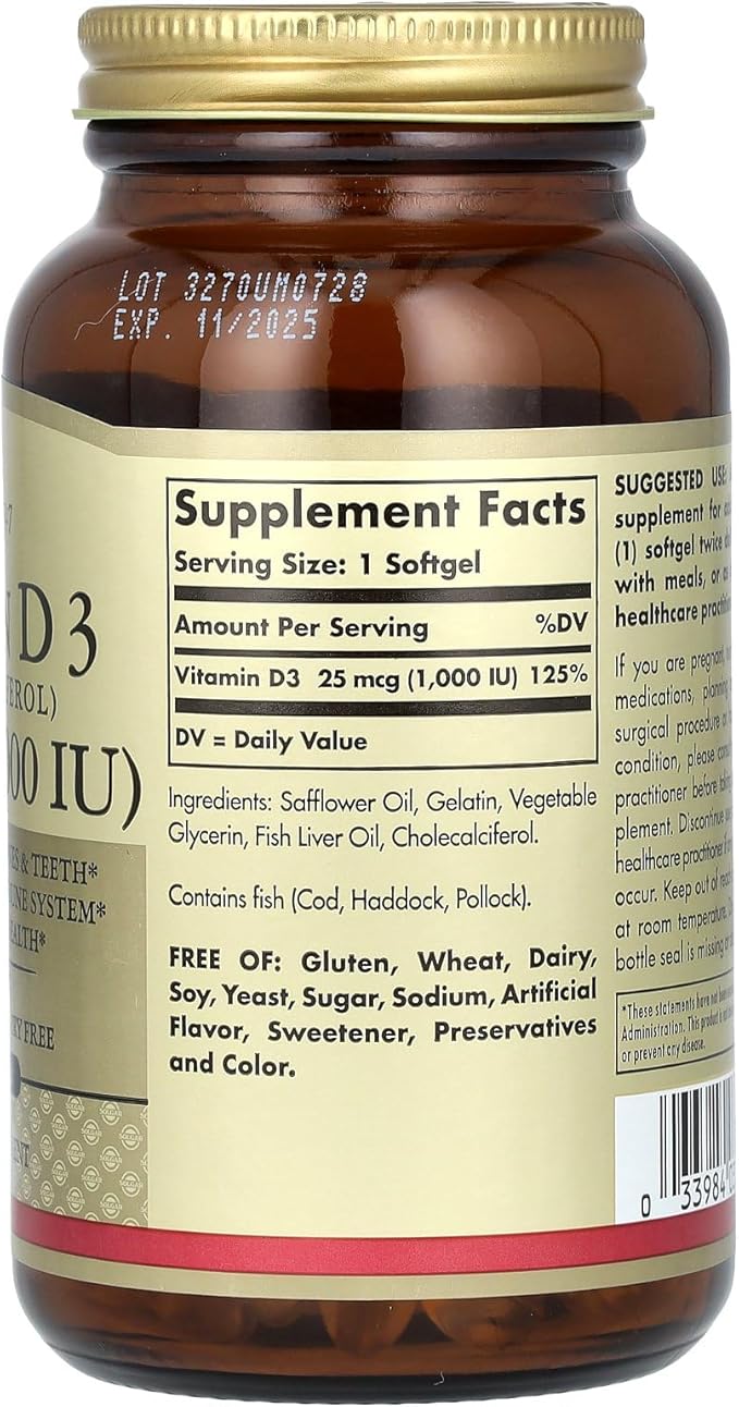 Solgar Vitamin D3 (Cholecalciferol) 25 MCG (1000 IU), 250 Softgels - Helps Maintain Healthy Bones & Teeth - Immune System Support - Non-GMO, Gluten-Free, Dairy Free - 250 Servings