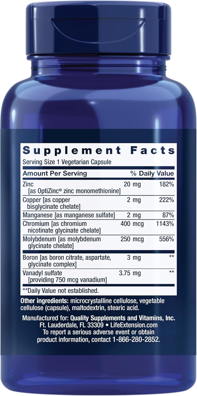 Life Extension Only Trace Minerals, a Daily dose of zinc, Chromium, Boron, Copper, Manganese, Vanadyl sulfate, Gluten-Free, Non-GMO, Vegetarian, 90 Capsules, (Pack of 2)