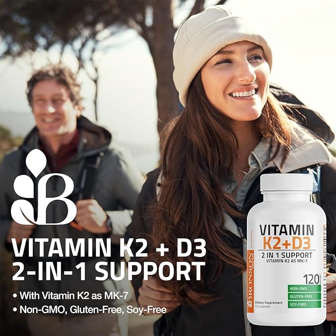Bronson Vitamin K2 D3 (MK7) Supplement Non-GMO Formula Vitamin D3 5000IU (125 mcg) & 90 mcg K2 MK-7, Easy to Swallow D & K Complex, 60 Capsules