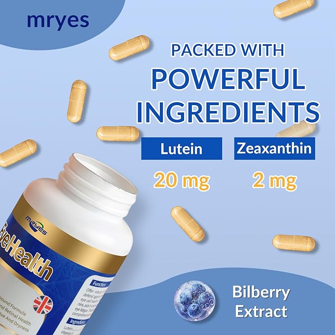 Lutein 20 mg with Zeaxanthin, Bilberry Extract, Vitamin E for Men and Women, Eye Health Dietary Supplement, Relieves Eye Tiredness and Dryness, Supports Vision Clarity and Eye Health - 120 Capsules