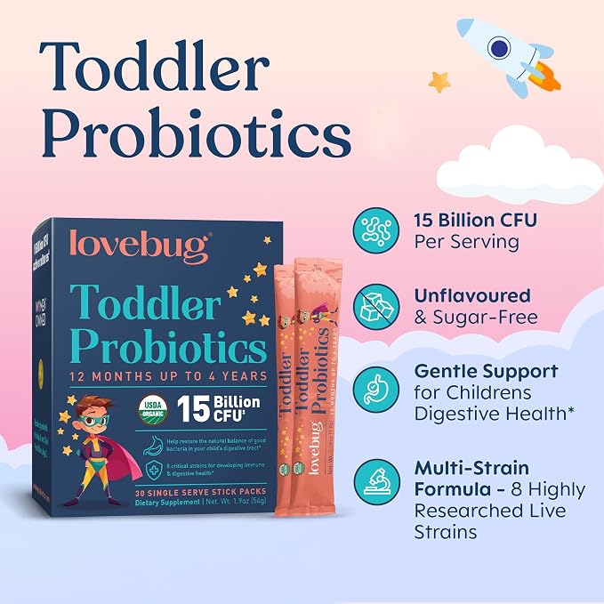 LOVEBUG Kids Probiotic Powder with Prebiotic Fiber - Toddler Immunity Support & Constipation Relief - USDA Organic Probiotics for Childrens Gut & Digestive Health (Ages 1-4) - 30 Pack (Unflavoured)