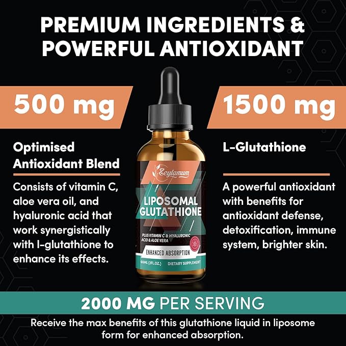 2000MG Liposomal Glutathione Liquid Drops, Ultra High Absorption, Natural Detoxification, Immune System & Skin Support*, L-Glutathione, Vitamin C & Hyaluronic Acid, Capsules Alternative, 2.02 OZ
