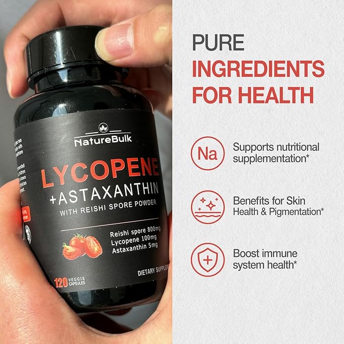 Lycopene 100mg + Astaxanthin 5mg with Reishi Spore, Supplement for Skin Health and Immune Support, 100% Natural Astaxanthin from MicroAlgae and Natural Tomato Extract, 120 Veggie Capsules