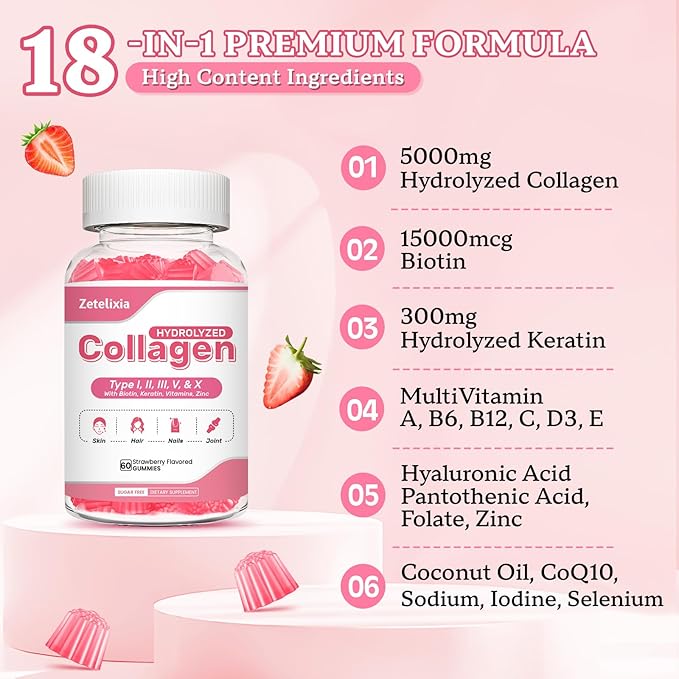 Collagen Gummies for Women Men, Hydrolyzed Collagen Peptide Type I,II,III,V,X with Biotin, Vitamin C A B D E for Skin Hair Nails J0ints, Immunity Energy Digestion, Sugar Free, 60 Count