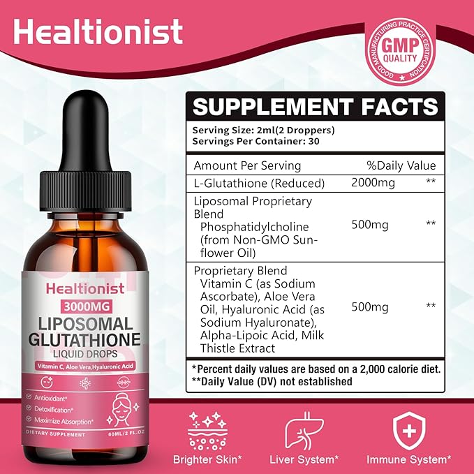 1 Pack 3000mg Liposomal Glutathione Liquid Drops with Vitamin C, 98% Absorption, Glutathione Liposomal Supplement, Powerful Antioxidant Complex for Immune System, Liver, 2 Fl Oz per Bottle
