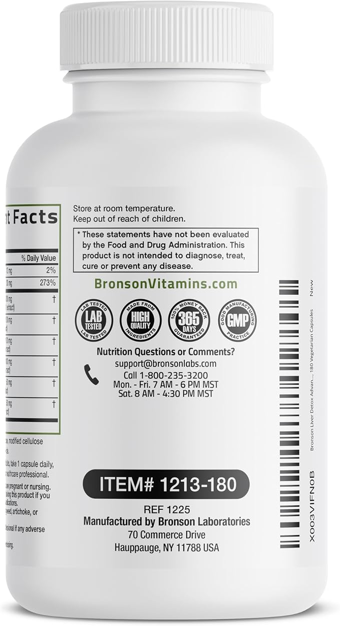 Bronson Liver Detox Advanced Detox & Cleansing Formula Supports Health Liver Function with Milk Thistle, Dandelion Extract, Turmeric, Artichoke Leaf & More, Non-GMO, 180 Vegetarian Capsules