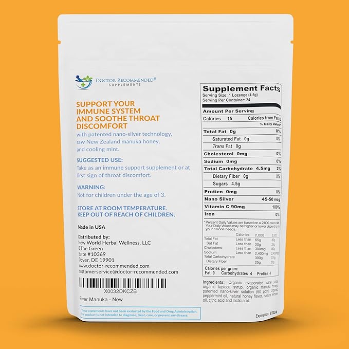 Silver Lozenges with Organic Manuka Honey and Vitamin C - All-Natural Nano Silver 45-50mcg of 60 PPM Colloidal Silver Mineral Drops to Support Immune System, Soothe, Cool Cough & Throat, 48-Lozenges