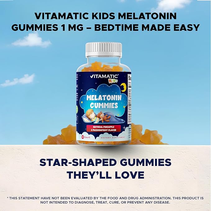 Vitamatic Sugar Free Kids Melatonin 1mg, 90 Gummies, Pineapple & passionfruit Flavored Gummies, 90 Days Supply