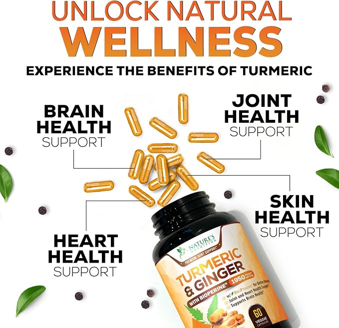 Turmeric Curcumin Supplement - 95% Curcuminoids with Organic Turmeric & Ginger, BioPerine Black Pepper Extract for Best Absorption, Natural Vegan Joint Support, Non-GMO, Bottled in USA - 60 Capsules