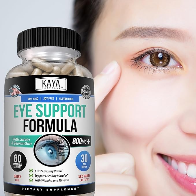 Kaya Naturals Eye Health Supplement - Lutein & Zeaxanthin - Supports Eye Strain, Dry Eyes, and Vision Health - Clinically Proven Ingredients 800mg Vitamin Supplement - 60 Count
