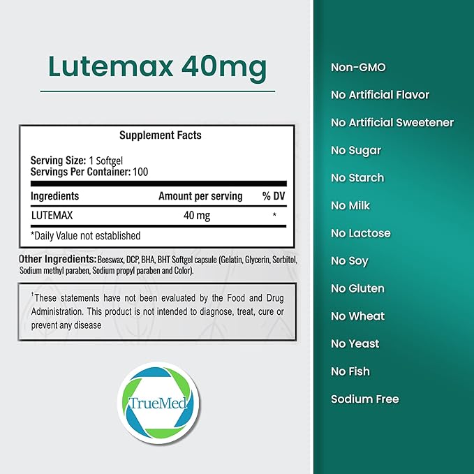 Lutemax 40 mg 100 days supply Eye Supplement - Supports Macular Health, Vision Clarity, Heart Health, Protects Eyes from Blue Light & Photons, Antioxidant Protection, GMP Certified 60 Softgel.