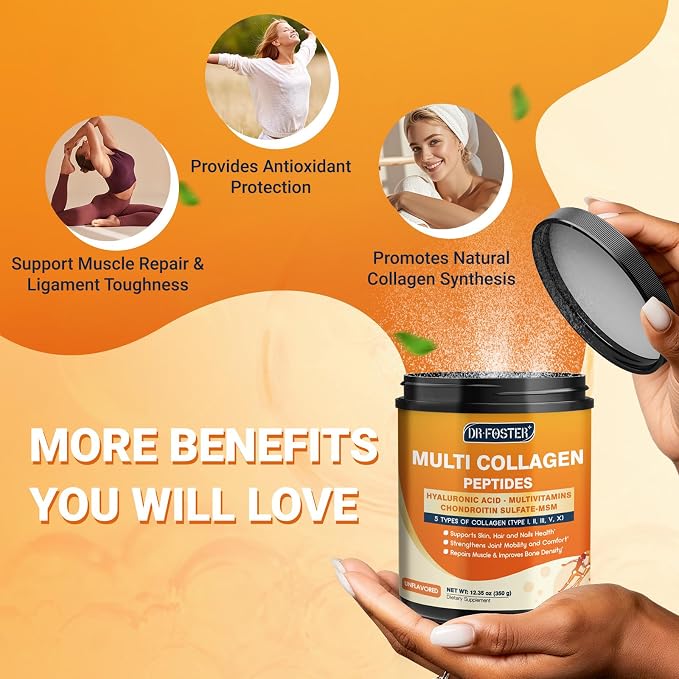 DRFOSTER Multi Collagen Peptides Powder for Women with MSM + CS & D3 - Type I, II, III, V, X Hydrolyzed Collagen with Vitamin C & Hyaluronic Acid for Skin Hair Nails & Joint, Non-GMO, 35 Servings