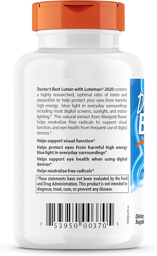 Doctor's Best Lutein Supplement 20mg with Zeaxanthin - Lutein for Eyes, Eye Health Vitamins for Men & Women, Vision and Macular Health Support, Lutemax 2020 Marigold Flower Extract - 180 Softgels