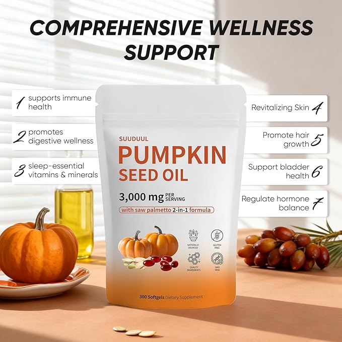 Pumpkin Seed Oil Capsules | 300 Softgels Pumpkin Seed Oil 2 in 1 with Saw Palmetto | Hair Growth＆Shedding Reduction | Plant-Based Formula | 3000mg Cold Pressed