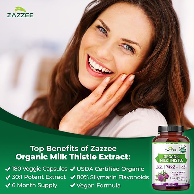 Zazzee USDA Organic Milk Thistle 30:1 Extract, 80% Silymarin, 180 Vegan Capsules, 6 Month Supply, Certified Kosher, High Potency Liver & Antioxidant Support, Silybum Marianum, Non-GMO, Made in the USA