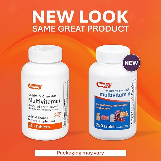 Rugby Children’s Chewable Multivitamin Tablets - Dietary Supplement - Assorted Fruit Flavors - Animal Shapes - 250 Count (1 Pack)
