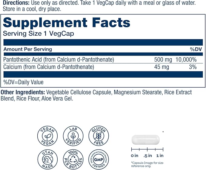 SOLARAY Pantothenic Acid 500mg - Pantothenic Acid Supplement (Vitamin B5) - Essential B Complex Vitamin - Nervous System and Cellular Energy Support - Vegan, Gluten Free, 60-Day Guaratee, 100 Servings
