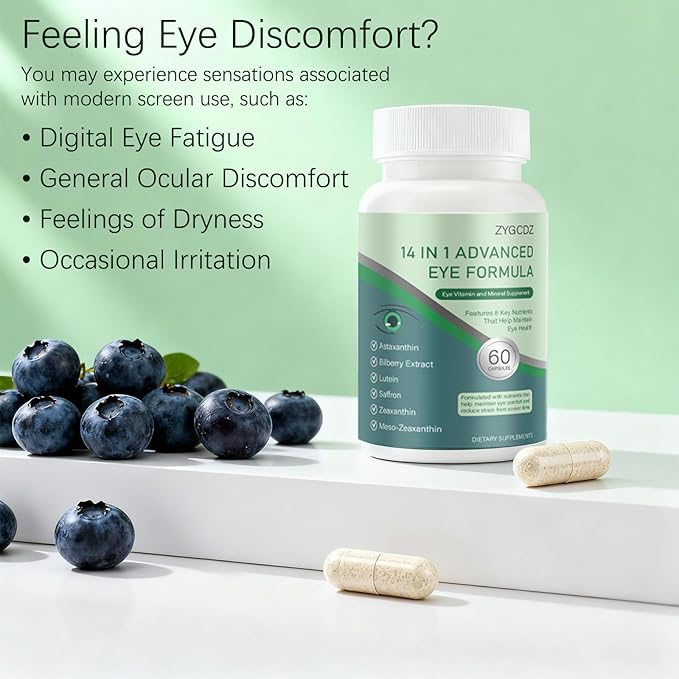 14-in-1 Advanced Eye Vitamin Supplement with Lutein, Zeaxanthin, Bilberry Extract & Zinc for Adults - Supports Vision, Macula & Blue Light Protection - 60 Capsules (01)