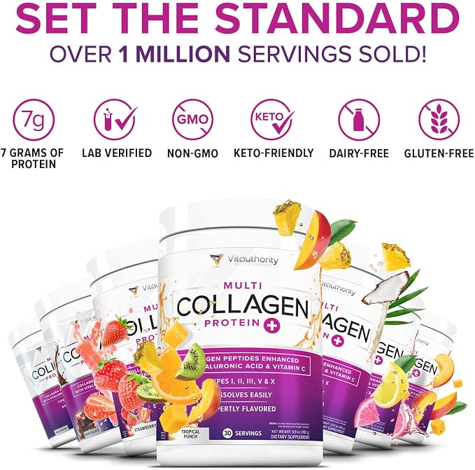 Multi Collagen Peptides Powder for Women - Hydrolyzed Flavored Collagen Powder for Women with Types I II III V & X Vitamin C & Hyaluronic Acid for Hair Skin and Nails (Strawberry) - 30 Servings