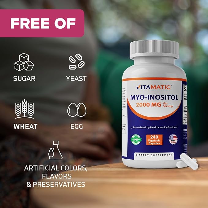 Vitamatic Myo-Inositol 2000 mg Per Serving – 240 Vegetable Capsules – 60 Servings – Non-GMO, Gluten Free – Made in USA