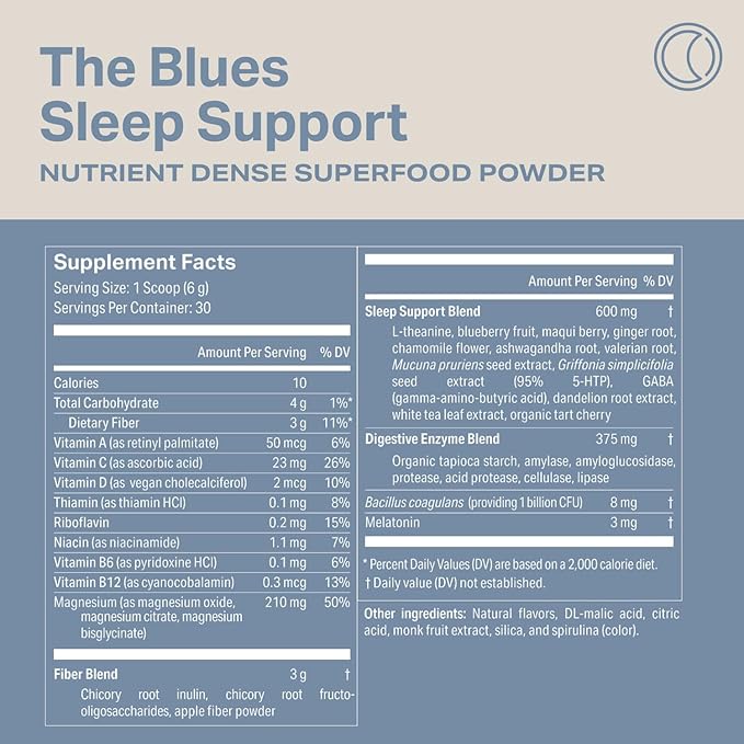 Proper, The Blues Sleep Aid – Nutrient-Dense Superfood Powder with + Melatonin, Magnesium, L-Theanine, GABA, Valerian Root & Tart Cherry – Calm Supplement for Nighttime Relaxation & Sleeping