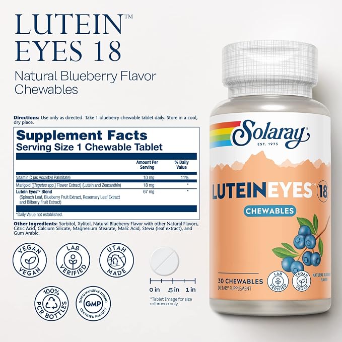 SOLARAY Chewable Lutein Eyes 18 | Eye & Macular Health Support Supplement w/Naturally Occurring Lutein and Zeaxanthin | Non-GMO | 30 Chewables