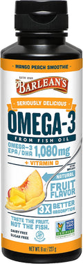 Barlean's Omega 3 Fish Oil Liquid Supplement with Vitamin D for Men and Women, 1080mg of EPA and DHA Fatty Acid, Promotes Brain & Heart Health - Non-GMO, Mango Peach, 8 oz