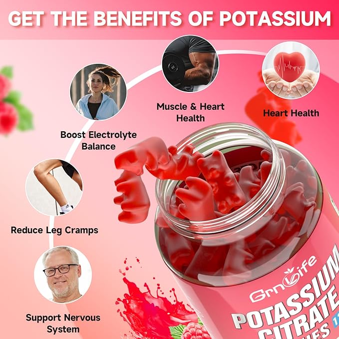 Potassium Citrate Gummies, High Potassium Supplement 1200mg Support Leg Cramps & Muscle Health, Potassium Gummies for Adults & Kids, Vegan, Raspberry Flavor 60 Count