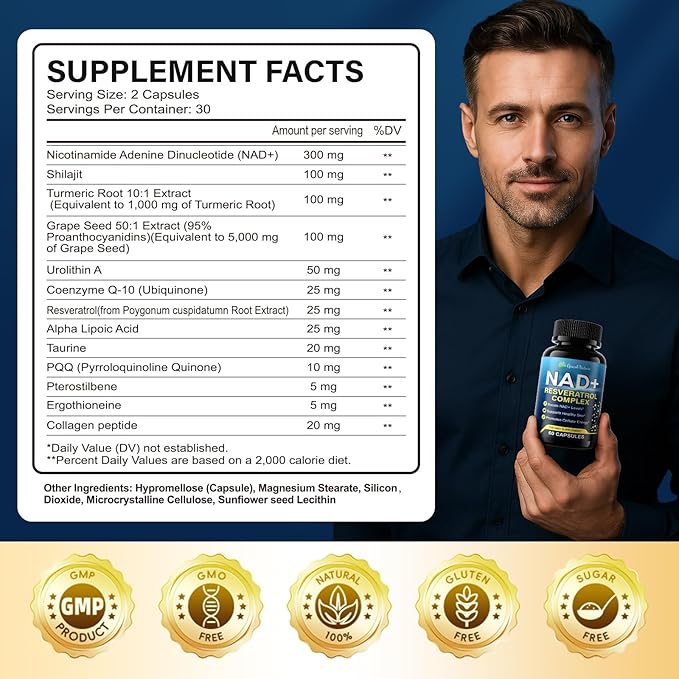 NAD+ Supplement - NAD Supplements for Women & Men - Liposomal NAD+ Resveratrol Complex with Urolithin A, CoQ10 - Boosts NAD+ Levels, Cellular Energy & Healthy Skin - Third-Party Tested - 60 Capsules