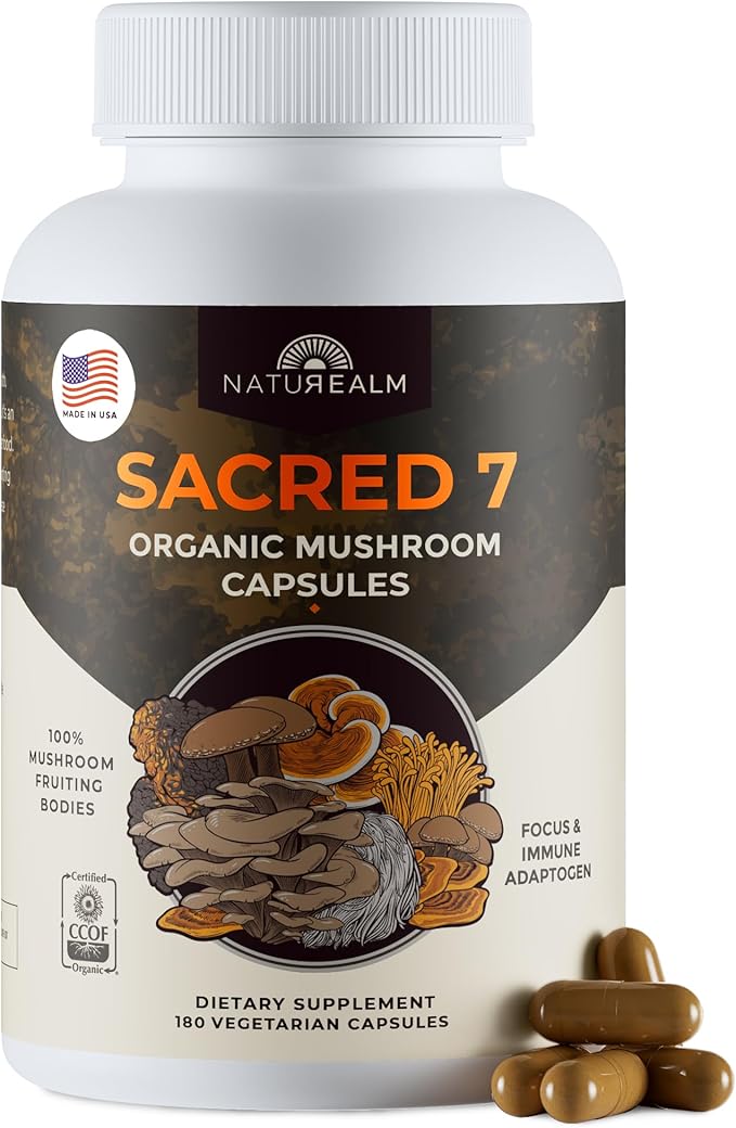 Naturealm Sacred 7 Mushroom 7-in-1 Blend Capsules Supplement (60 Day Supply) | Supports Daily Immune Defense & Focus | Lions Mane, Reishi, Chaga & More | Organic, Premium 100% Fruiting Body Extract