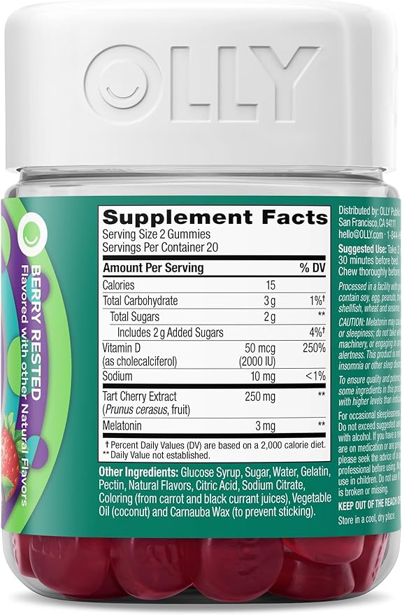 OLLY Muscle Recovery Sleep Gummies,Sleep and Sore Muscle Support,3mg Melatonin,Tart Cherry,Vitamin D,Berry Flavor -,40 Count (Pack of 2)