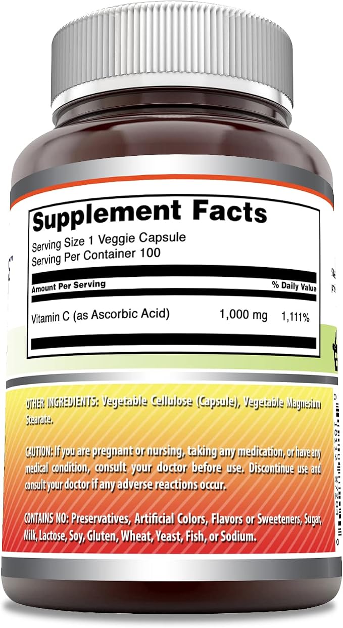 Amazing Formulas Vitamin C Supplement | 1000 Mg | Veggie Capsules | Non-GMO | Gluten-Free | Made in USA (100 Count, 1 Pack)