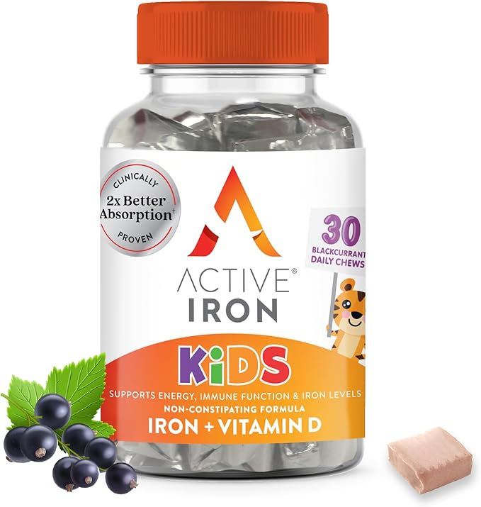 Active Iron Supplement 7mg + Vitamin D for Kids, Clinically Proven Better Absorption, Increase Iron & Energy Levels, Gentle & Non-Constipating, Supports Growth & Immune Health, 30 Blackcurrant Chews