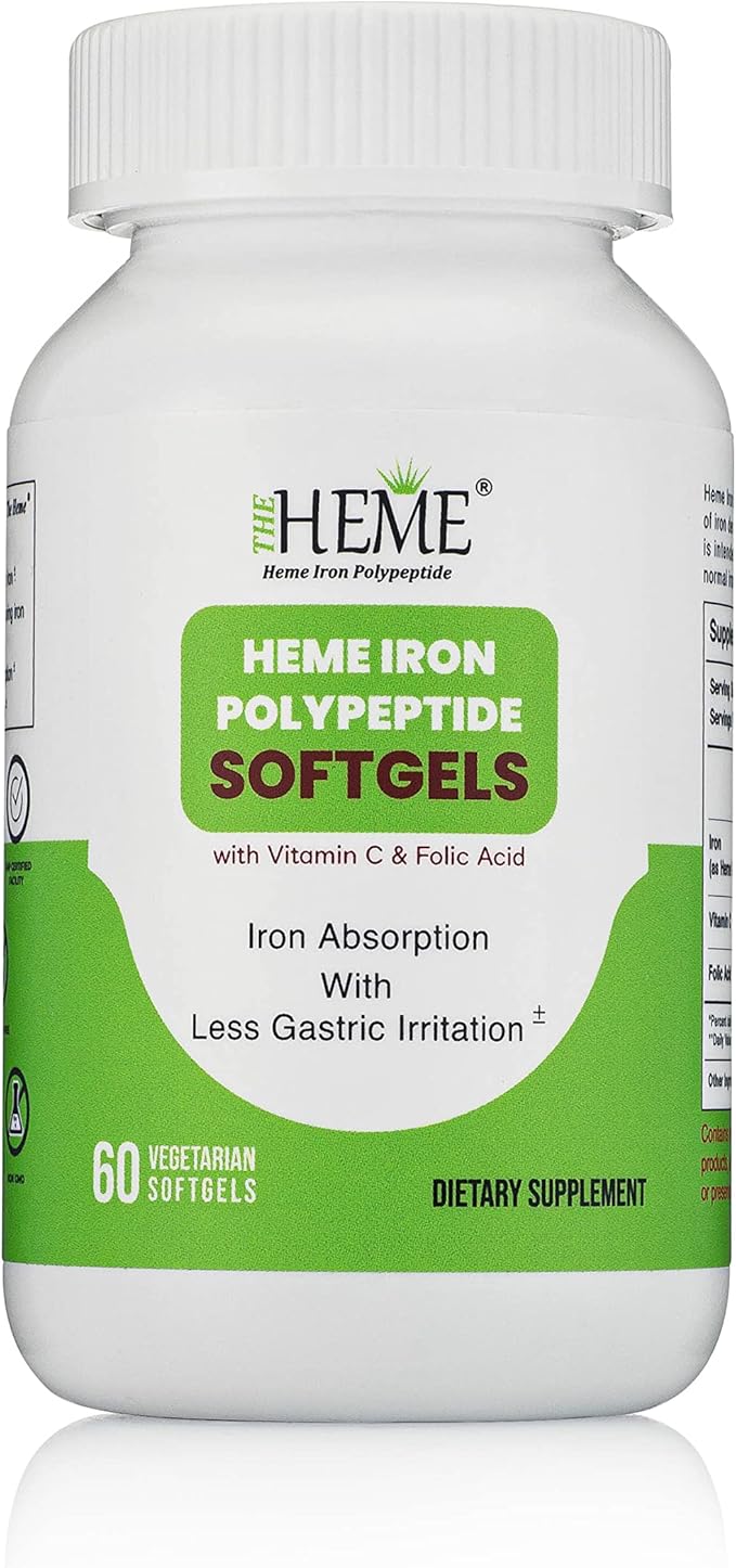 Pharmvista Heme Iron Polypeptide Softgels - with Vitamin C & Folic Acid - Gluten Free, Non-GMO - 60 Count
