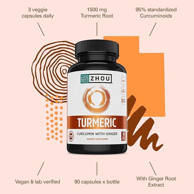 Zhou Turmeric Curcumin with Ginger - Turmeric and Ginger Supplement for Women and Men, Curcuminoids with Black Pepper Extract for Digestion and Digestive Health - 90 Veggie Capsules