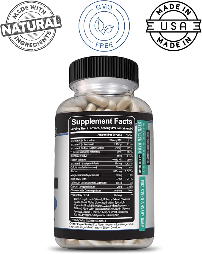 Kaya Naturals Eye Health Supplement - Lutein & Zeaxanthin - Supports Eye Strain, Dry Eyes, and Vision Health - 800mg Vitamin Supplement - 180 Count
