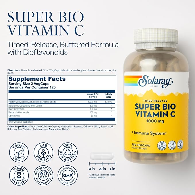 SOLARAY Super Bio Vitamin C 1000mg, Buffered, Two-Stage Timed Release with Bioflavonoids, Immune Support Supplement, High Absorption, Vegan, 60-Day Guarantee – 250 VegCaps