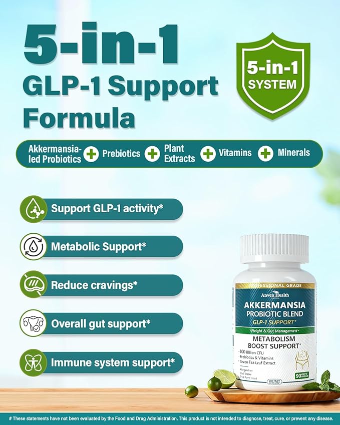 GLP-1 Supplement 100 Billion Akkermansia Probiotic & Prebiotic for Gut Health & Digestion, Metabolism & Energy Support with Vitamin B2 & D, Green Tea and Chromium - Non-GMO | 180 Capsules