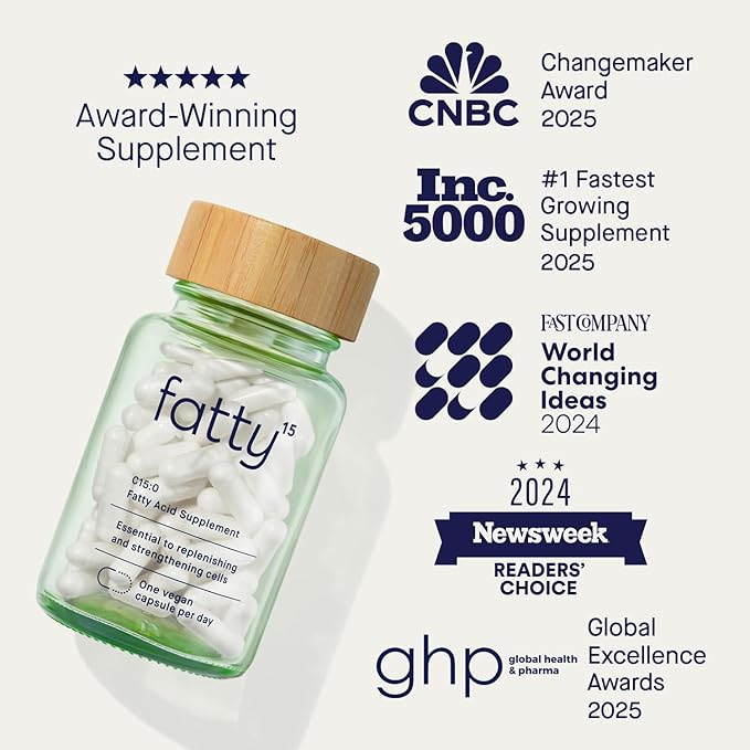 Fatty15 C15:0 Pentadecanoic Acid Supplement The Longevity Nutrient - 90 Vegan Capsules - 3X Cellular Benefits of Fish Oil EPA Omega 3 Supplements - Liver Support & Mitochondrial Health