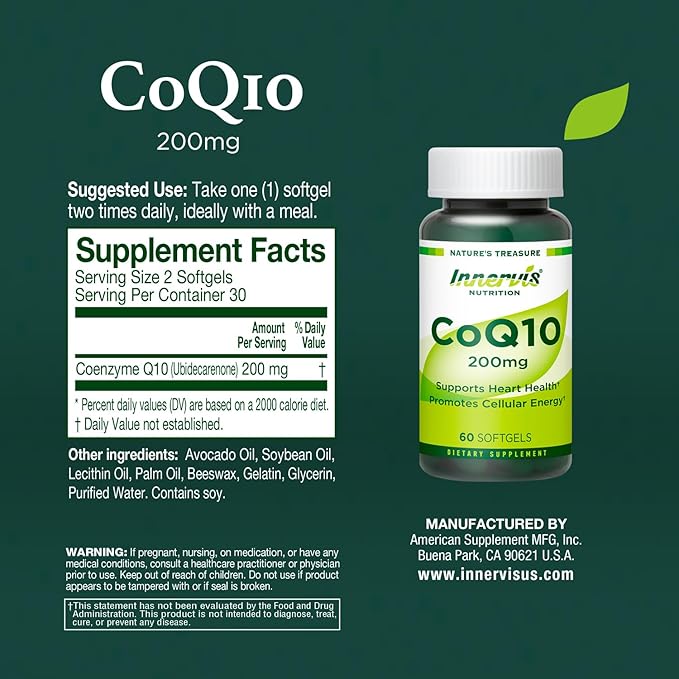 High Absorption CoQ10 200mg Softgels for Heart Health & Energy Metabolism - Potent Antioxidant Supplement for Statin Users - 30 Day Supply by Innervis Nutrition