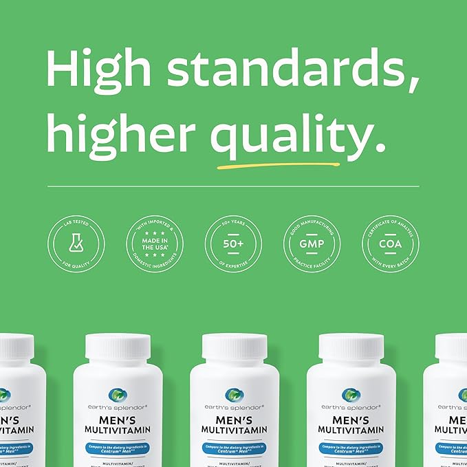 Earth's Splendor Men's Multivitamin, Overall Wellness Support for Men, Multimineral Supplements, Helps Support Metabolism, Vitamin B12, Vitamin A, C, D, E, K, B6 (120 Immune Support Tablets)
