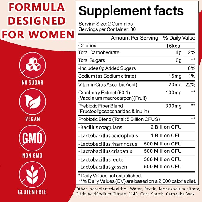 Vaginal Probiotics Gummies for Women, Premium Feminine pH Balance Gummies, Healthy Odor, Yeast Balance & Flora + Vitamin C for Immune Support, 60ct Cranberry Flavor