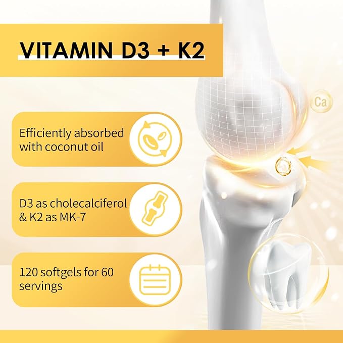 Vitamin D3 K2 Supplement with Vitamin D3 5000 IU, 200 mcg Vitamin K2 MK-7 & Natural Coconut Oil, Plant Based 2-1 Formula for Bone, Teeth, Muscle and Immune Health Support (120 Count (Pack of 2))