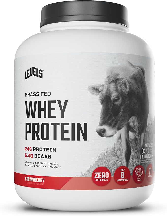 Levels Grass Fed Whey Protein Powder, No Artificials, 24G of Protein, Strawberry, 5LB | 24G of protein and 5.4G BCAAs per scoop, made with hormone-free dairy, zero junk, no fillers, no added sugar, certified clean