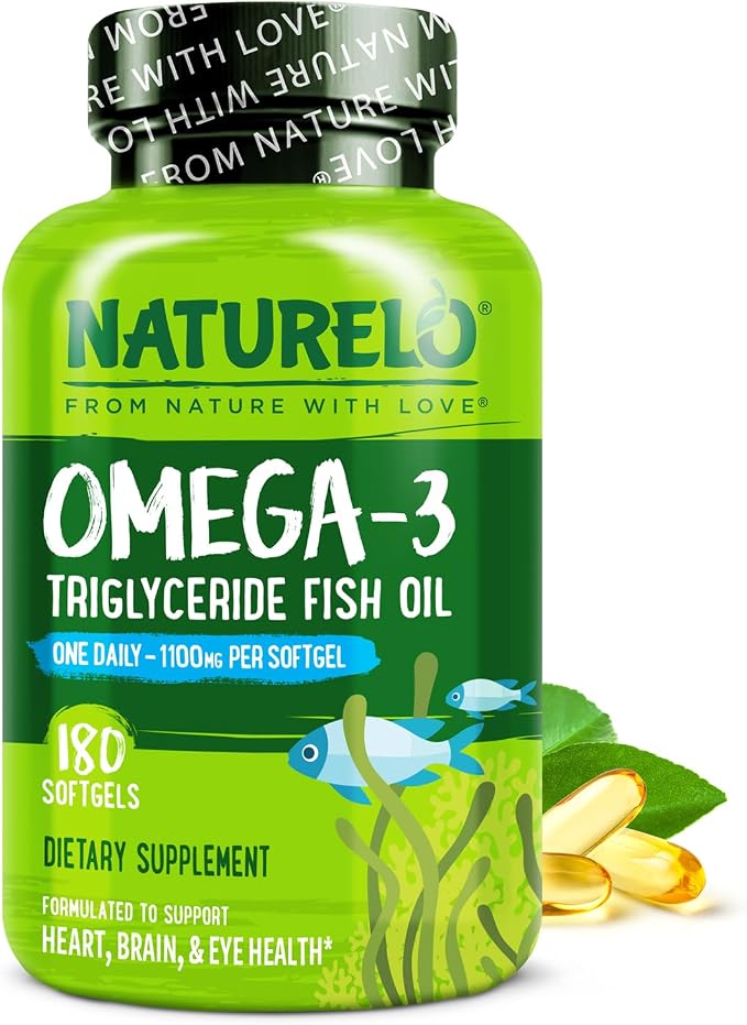 NATURELO Burpless Omega 3 Fish Oil Supplement - 1100mg Triglyceride Omega-3, EPA + DHA, for Heart, Eye, Brain, Joint Health - 180 Softgels, 6 Months Supply