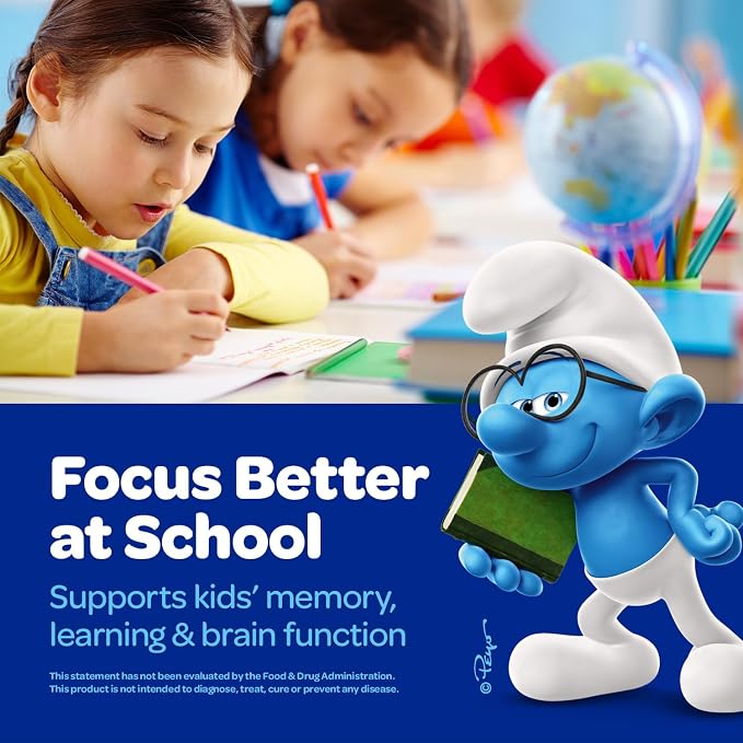 The Smurfs Nootropic Gummies for Kids with Vitamin B12 & L-Theanine | Laser Focus Gummy for Focus and Memory Supplements | Made with Real Fruit in a Smurf Berry | Doctor Developed | 60 Vegan Gummies