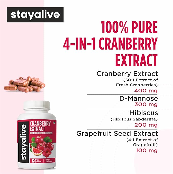 STAY ALIVE Cranberry Pills for Women and Men 1000mg with D-mannose, Hibiscus and Grapefruit Seed Extract, 120 Count, D-mannose Cranberry Supplement, Vegan, Non-GMO & Gluten-Free Powder Capsules